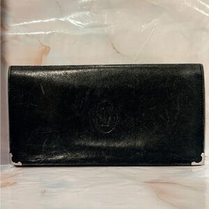 Cartier Black Leather Long Wallet with Embossed Crest